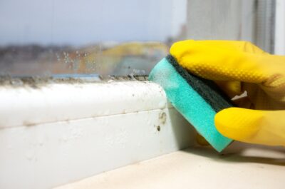 Woman,Is,Cleaning,A,Lot,Of,Black,Mold,Fungus,Growing