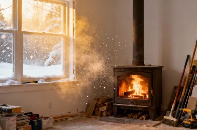 Cozy living room with fireplace and snow outside window. home renovation