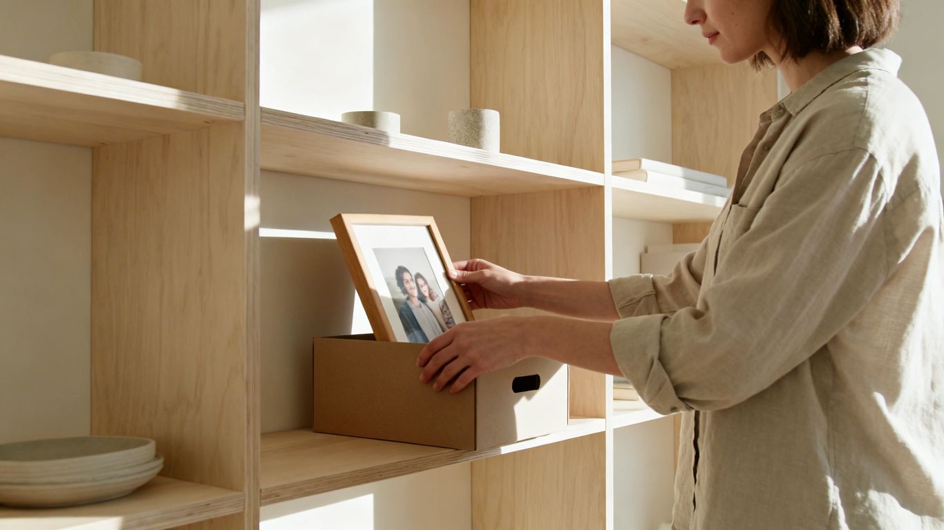 Minimalist Scandinavian room with organized shelves and a person decluttering.