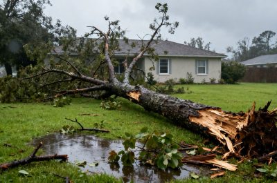 yard debris and tree limb removal after gusty thunderstorms Tree limb debris on lawn after storm.