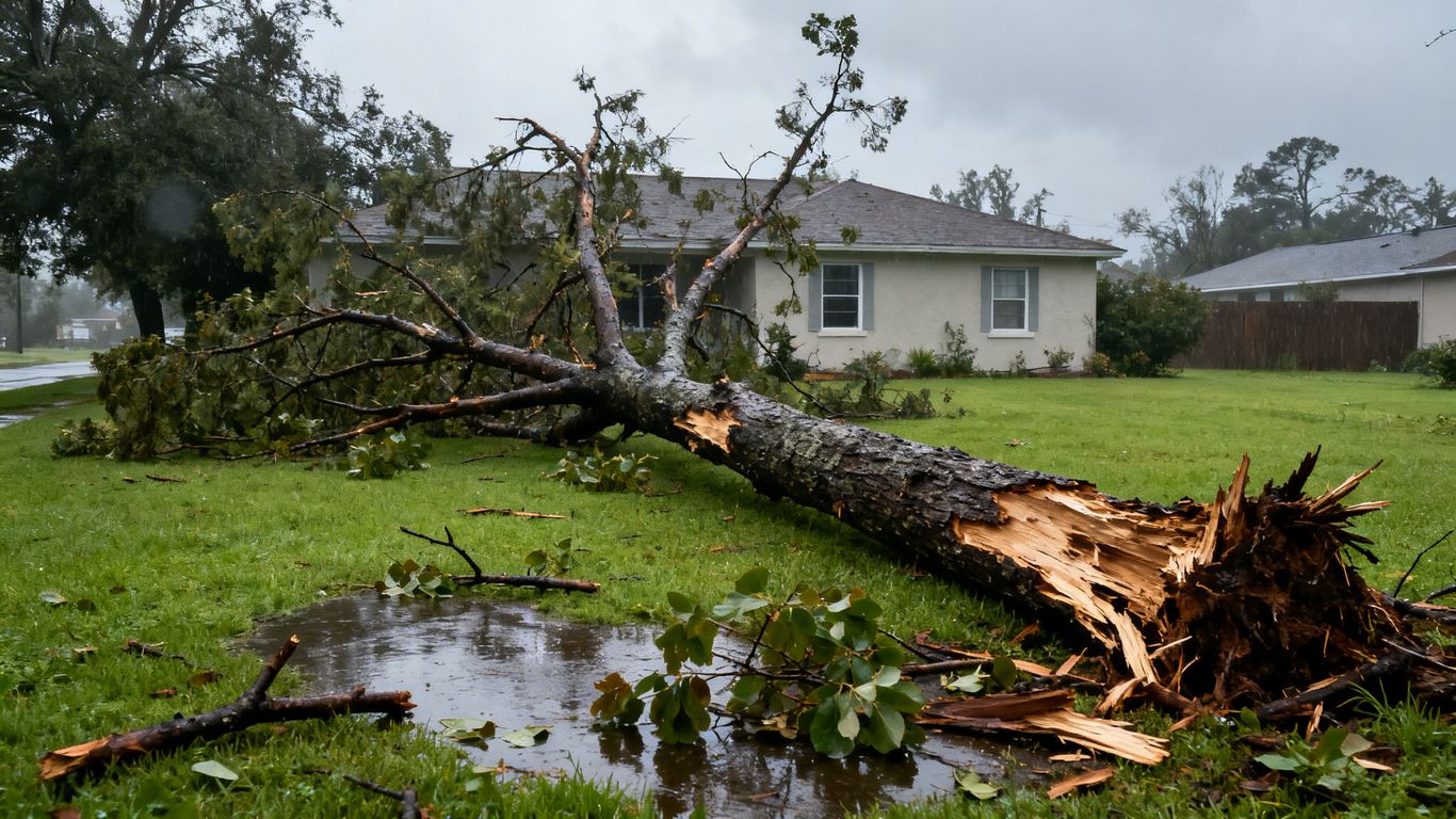 Tree limb debris on lawn after storm.