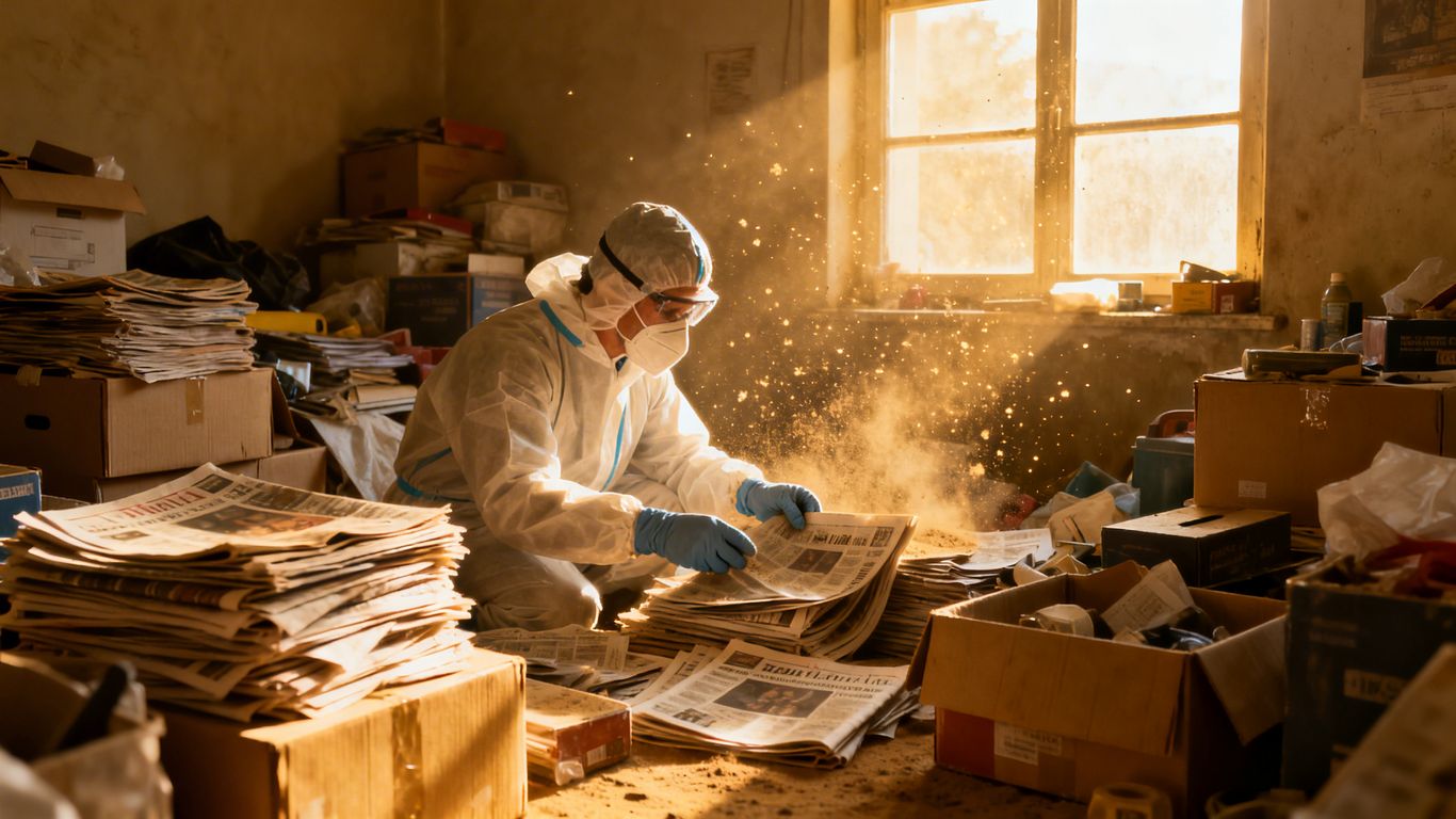 Hoarding cleanup in progress, cluttered room, protective gear.