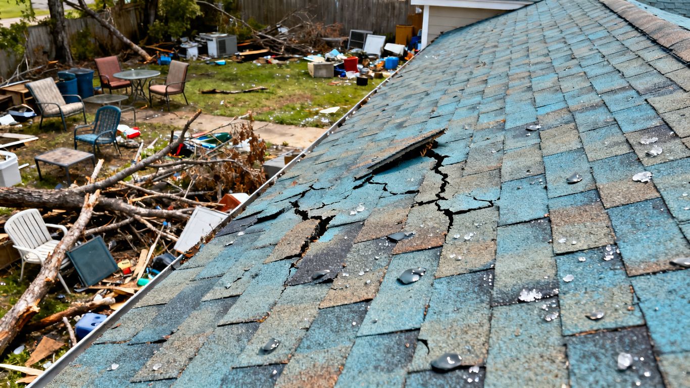 Cluttered property roof inspection for hail damage in Spring, TX.