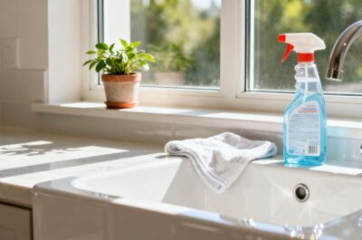 Clean bathroom with sunlight and cleaning supplies.