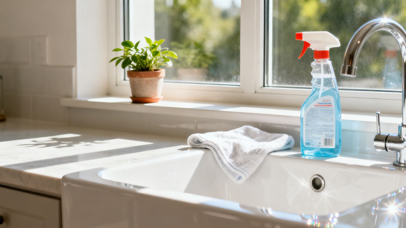 Clean bathroom with sunlight and cleaning supplies.
