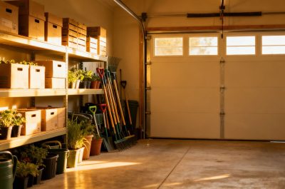 Organized garage with stored items, ready for spring.