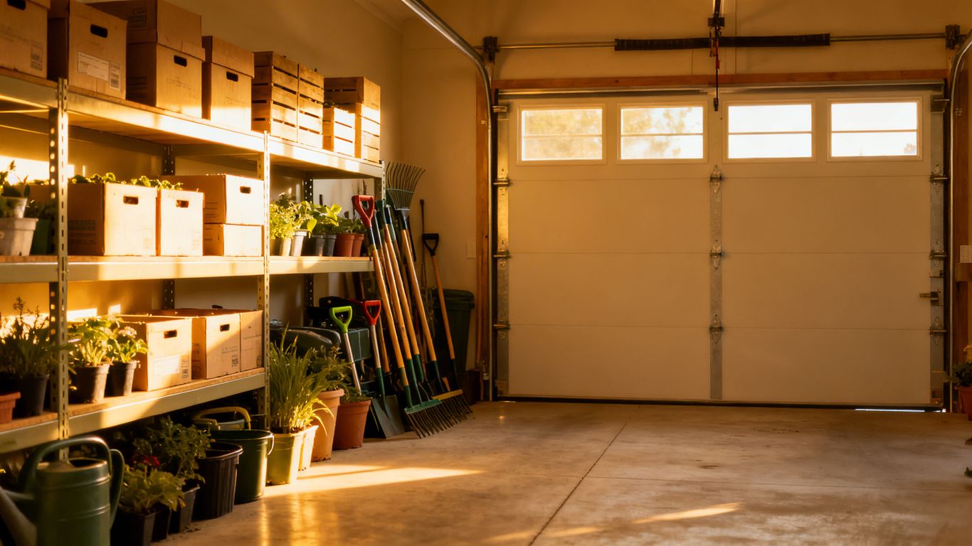 Organized garage with stored items, ready for spring.