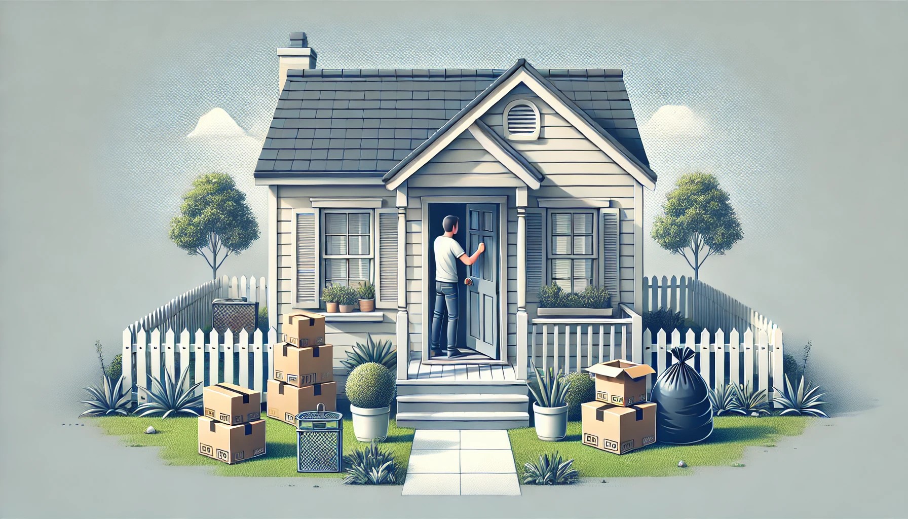illustration showing a hoarded house being cleared out and organized