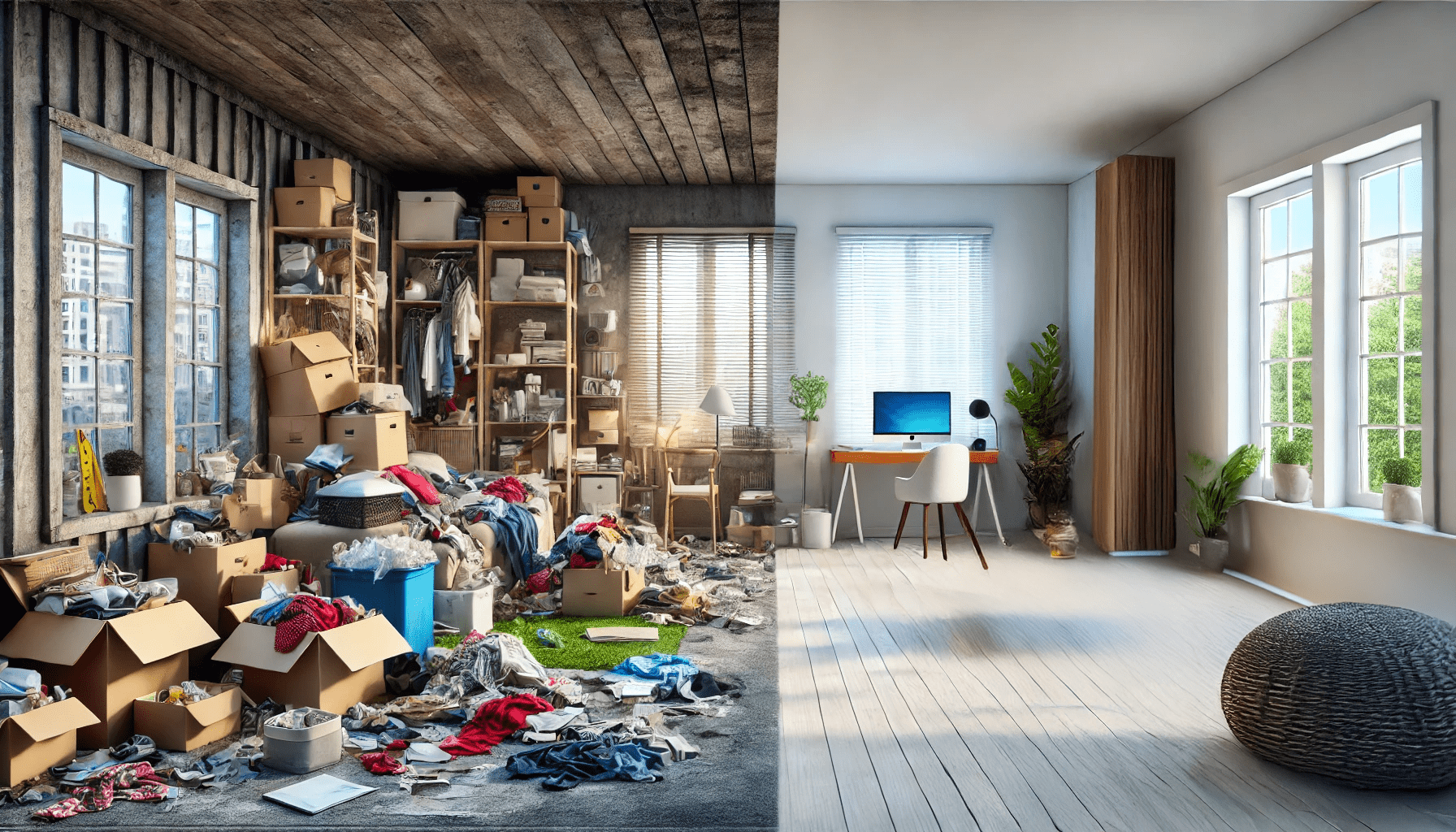 before and after image of hoarding cleanup in a home