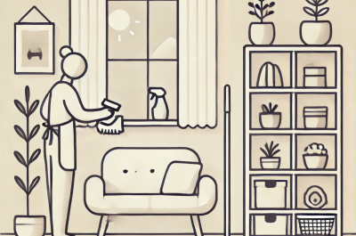 Best Hoarding Cleanup Experts in San Antonio, Texas illustration of a person cleaning and organizing a tidy living room