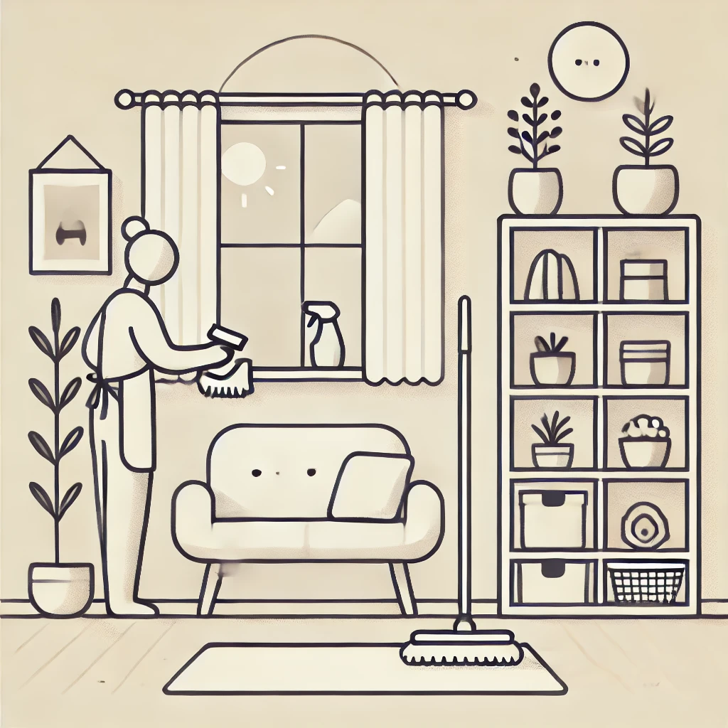illustration of a person cleaning and organizing a tidy living room