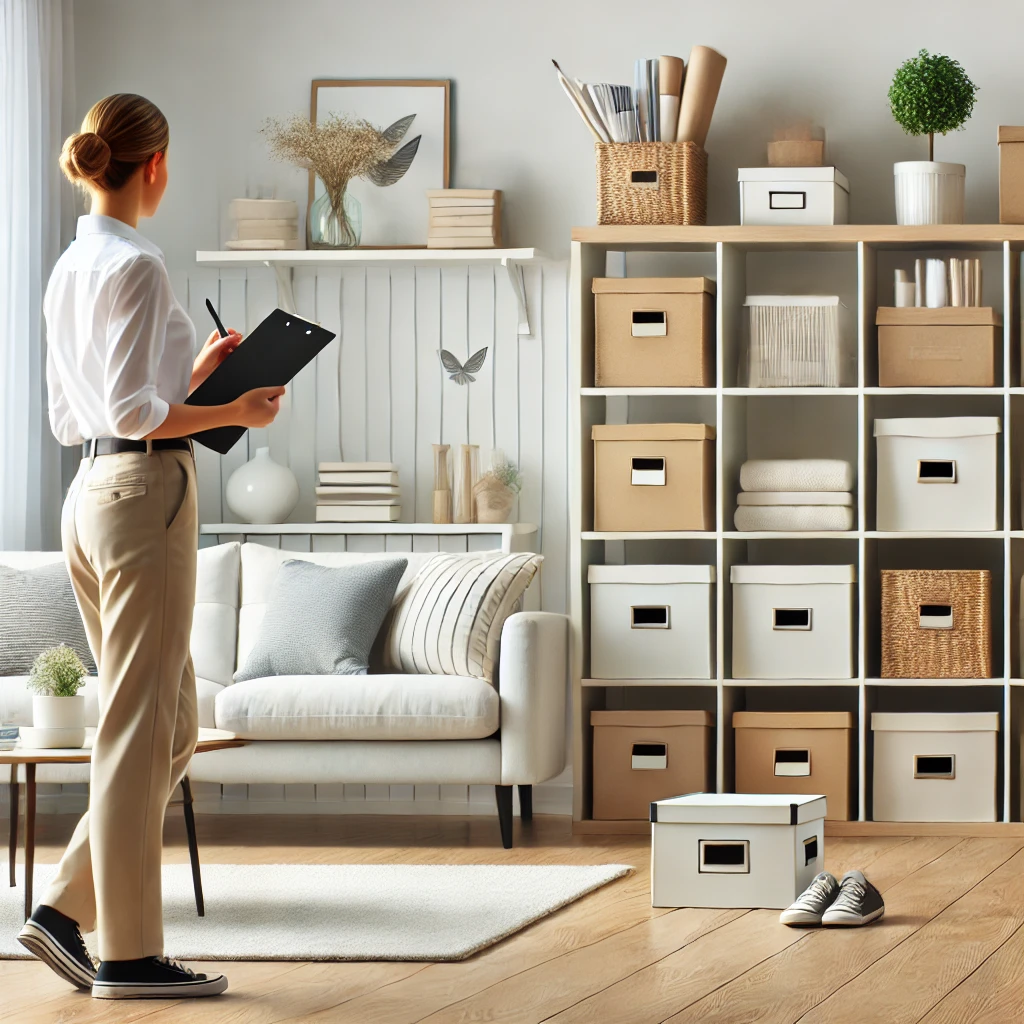 professional decluttering scene with organized shelves and storage bins