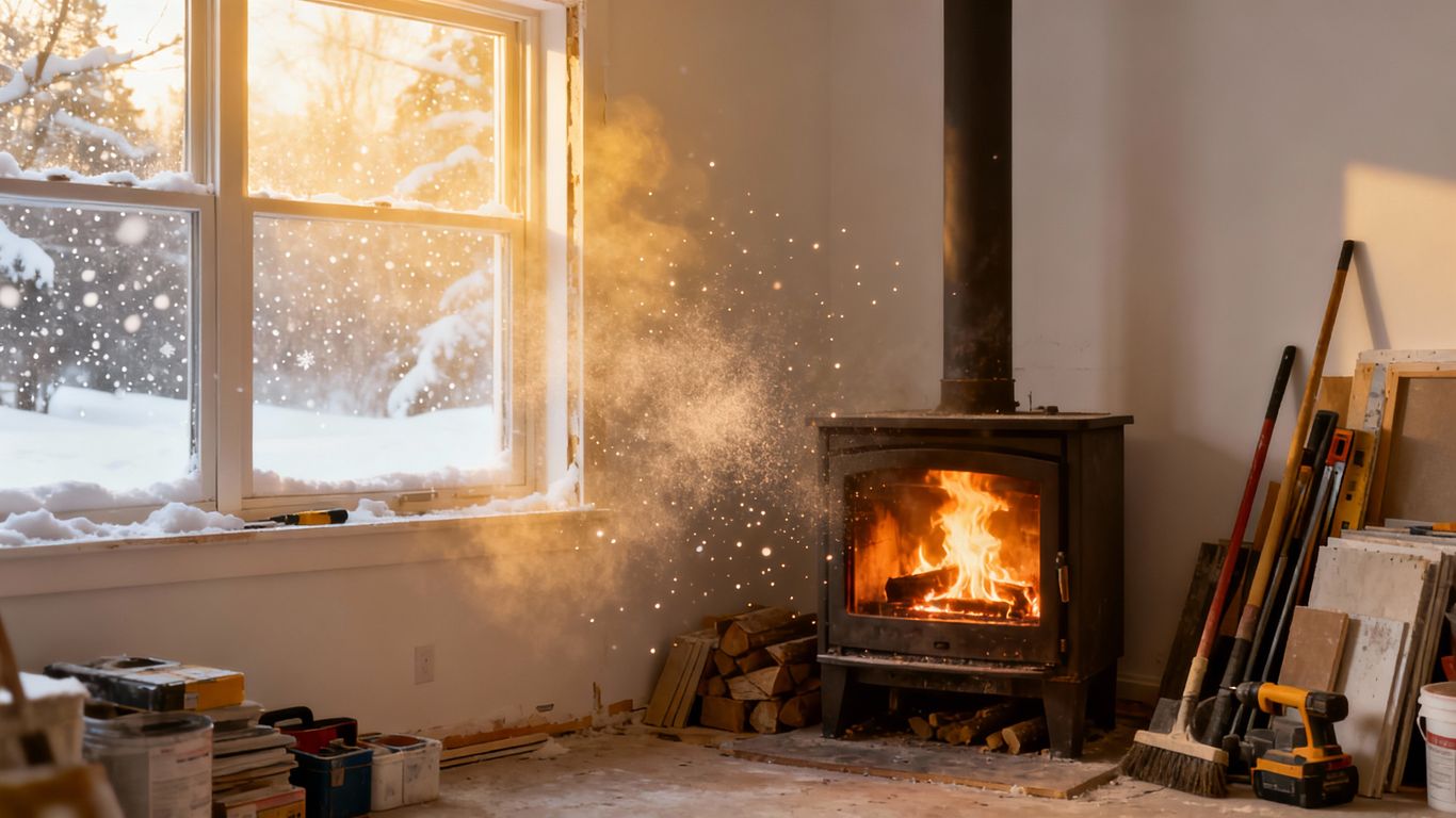 Cozy living room with fireplace and snow outside window. home renovation