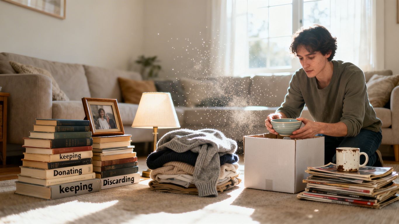 Decluttering a bright, sunlit living room.