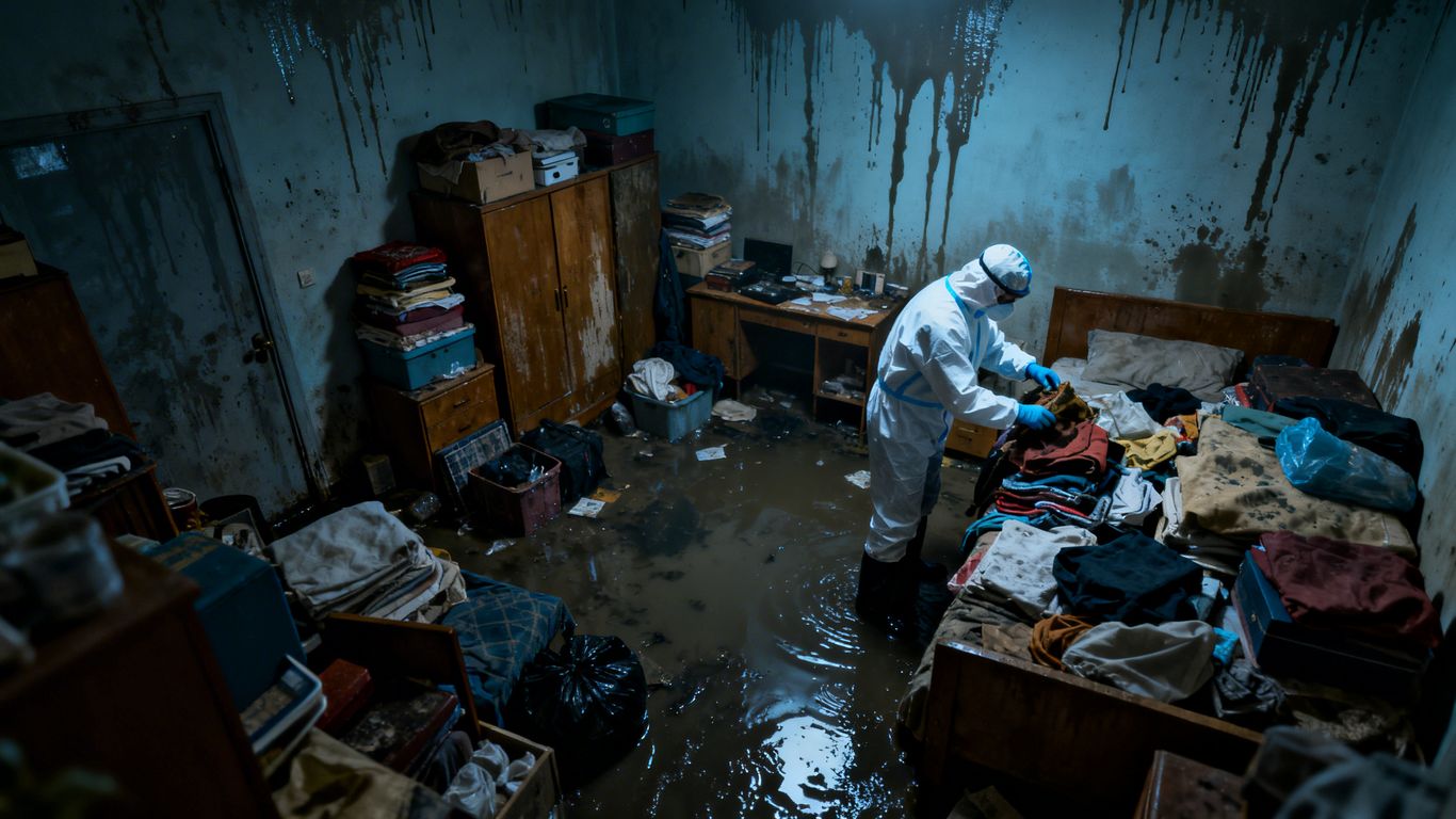 Hoarded home with water damage, restoration in progress.